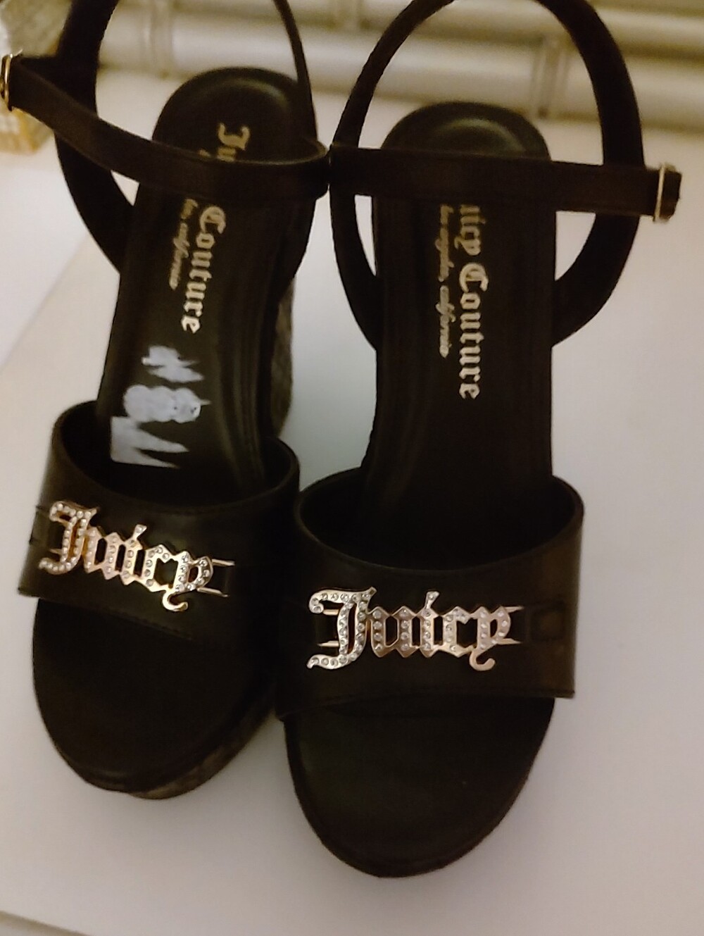 Juicy Couture Black Wedge Sandals with Ankle Strap - Picture 2 of 15